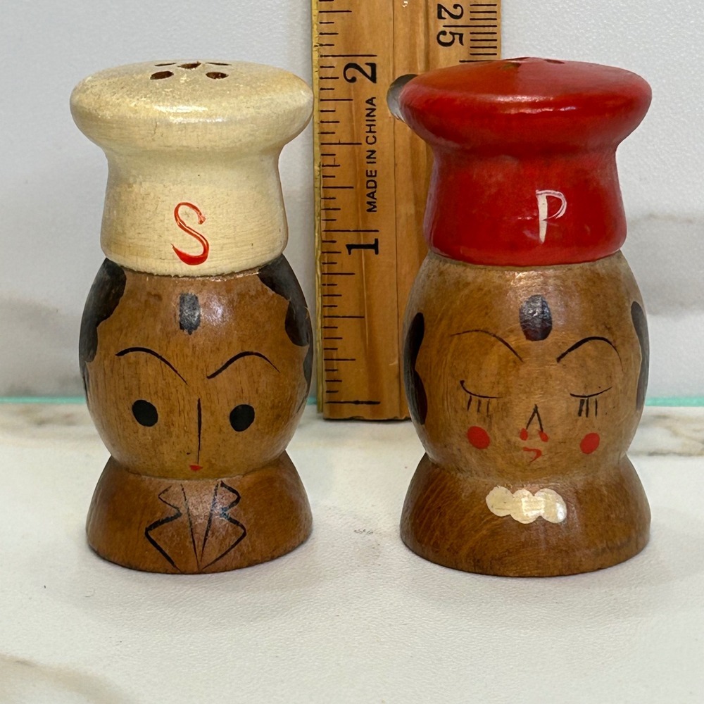 Vintage Wooden Chef Salt and Pepper Shakers Hand Painted Japan Mid Century Set